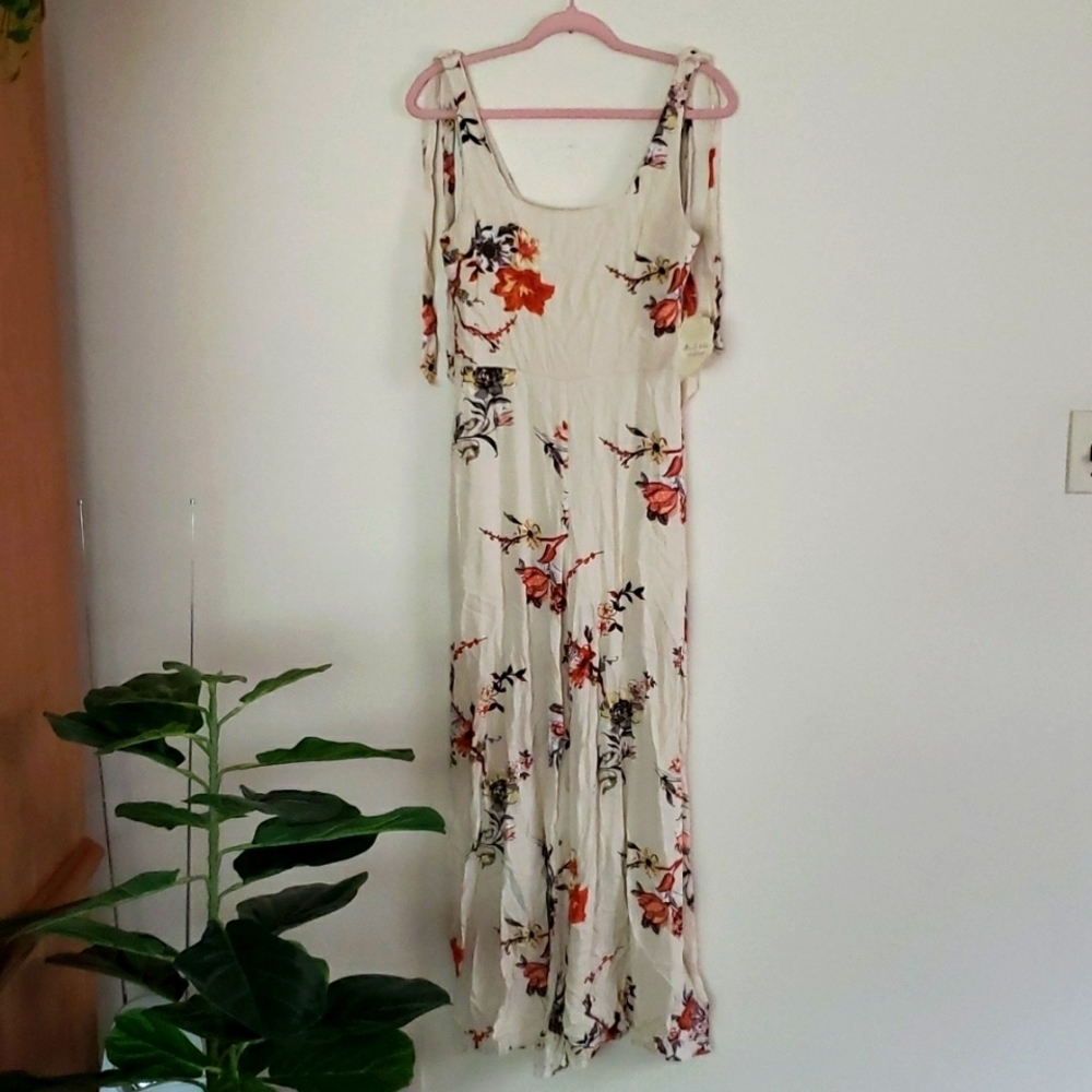 Altar'd State Jumpsuit cream floral rayon wide leg tie shoulder womens Small